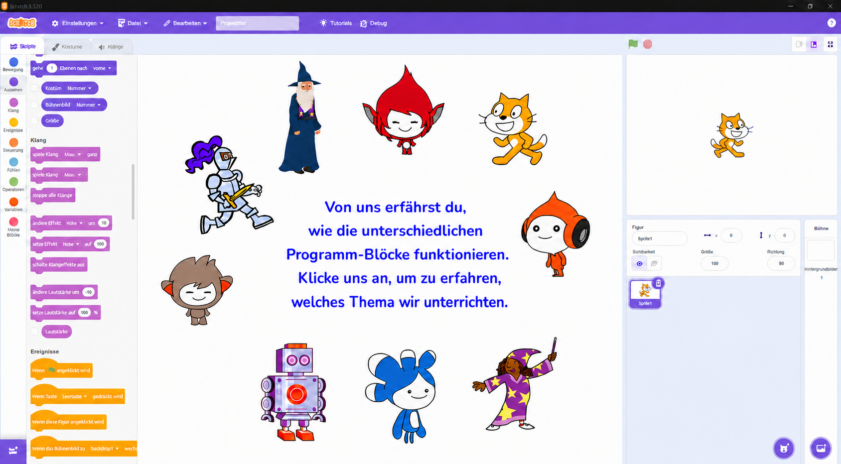 Die Scratch-Assistenten erklären die verschiedenen Programmblöcke