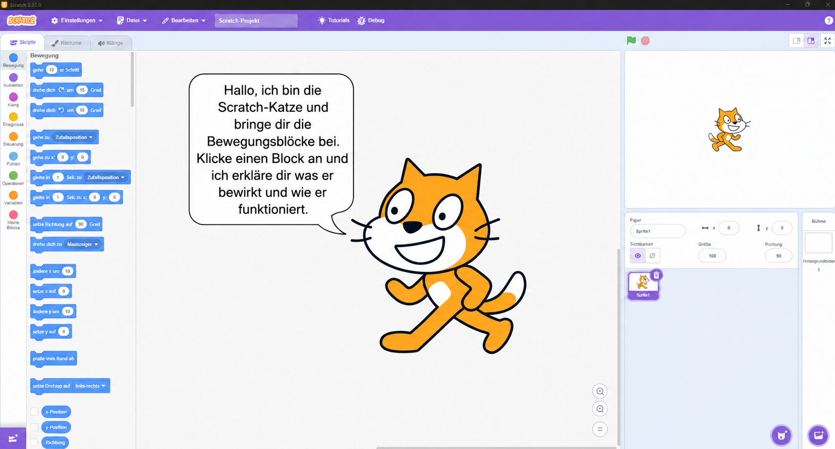 Die Scratch-Katze erklärt die Bewegungsblöcke