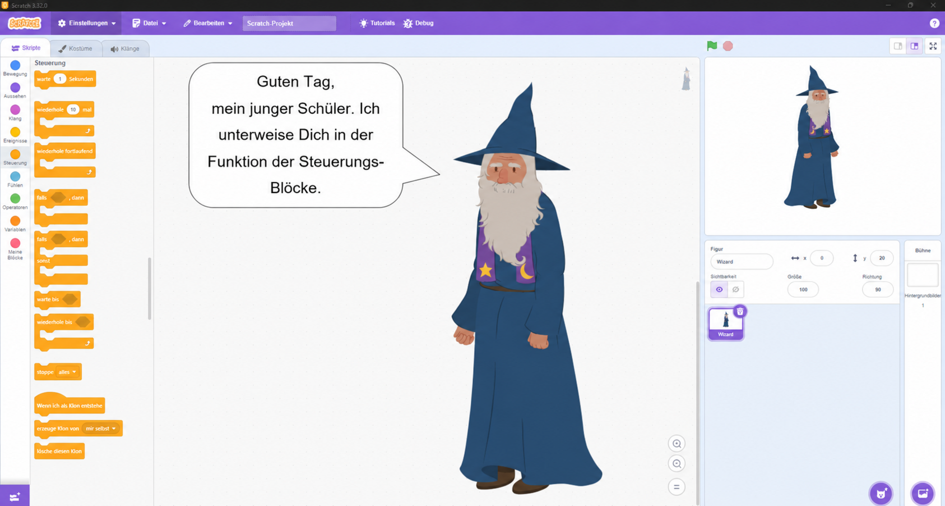 Der Zauberer erklärt die Steuerungsblöcke